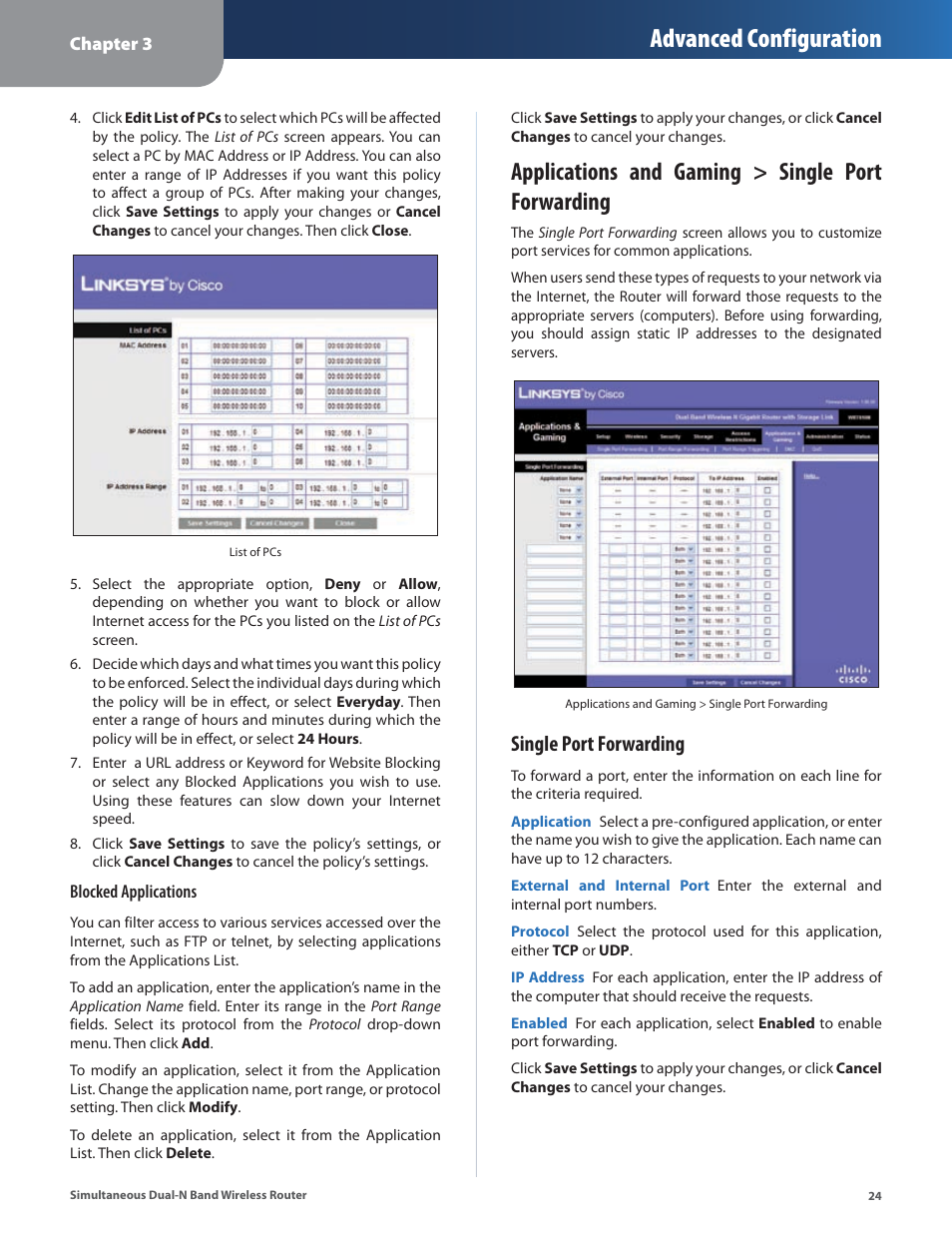 Advanced configuration, Applications and gaming > single port forwarding, Single port forwarding | Linksys CISCO WRT610N User Manual | Page 26 / 58
