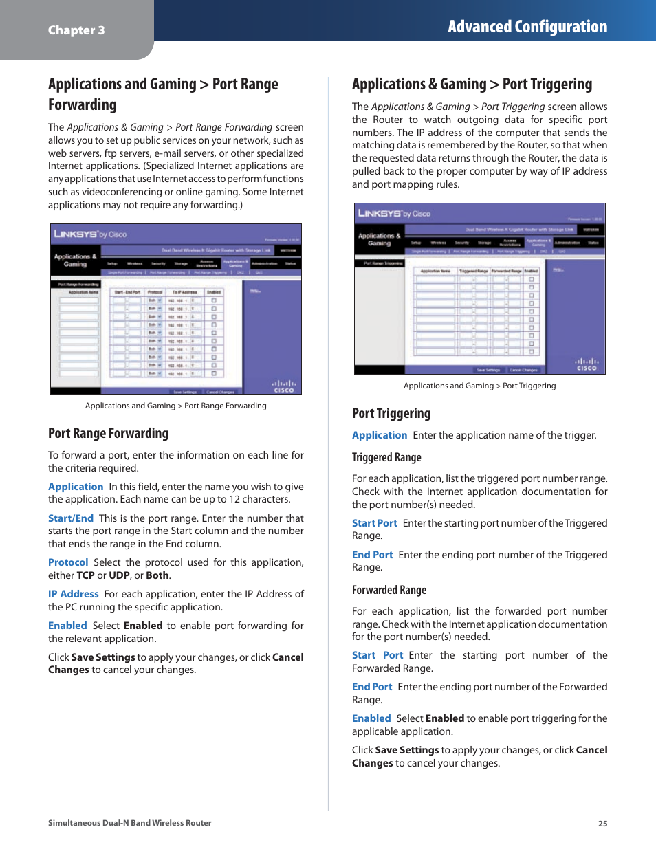 Applications and gaming > port range forwarding, Applications & gaming > port triggering, Advanced configuration | Port range forwarding, Port triggering | Linksys CISCO WRT610N User Manual | Page 27 / 58