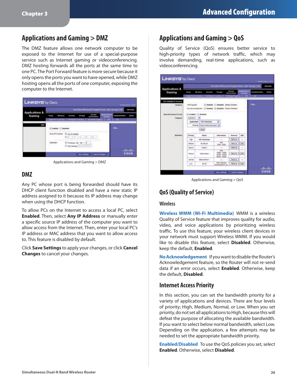 Applications and gaming > dmz, Applications and gaming > qos, Advanced configuration | Qos (quality of service), Internet access priority | Linksys CISCO WRT610N User Manual | Page 28 / 58