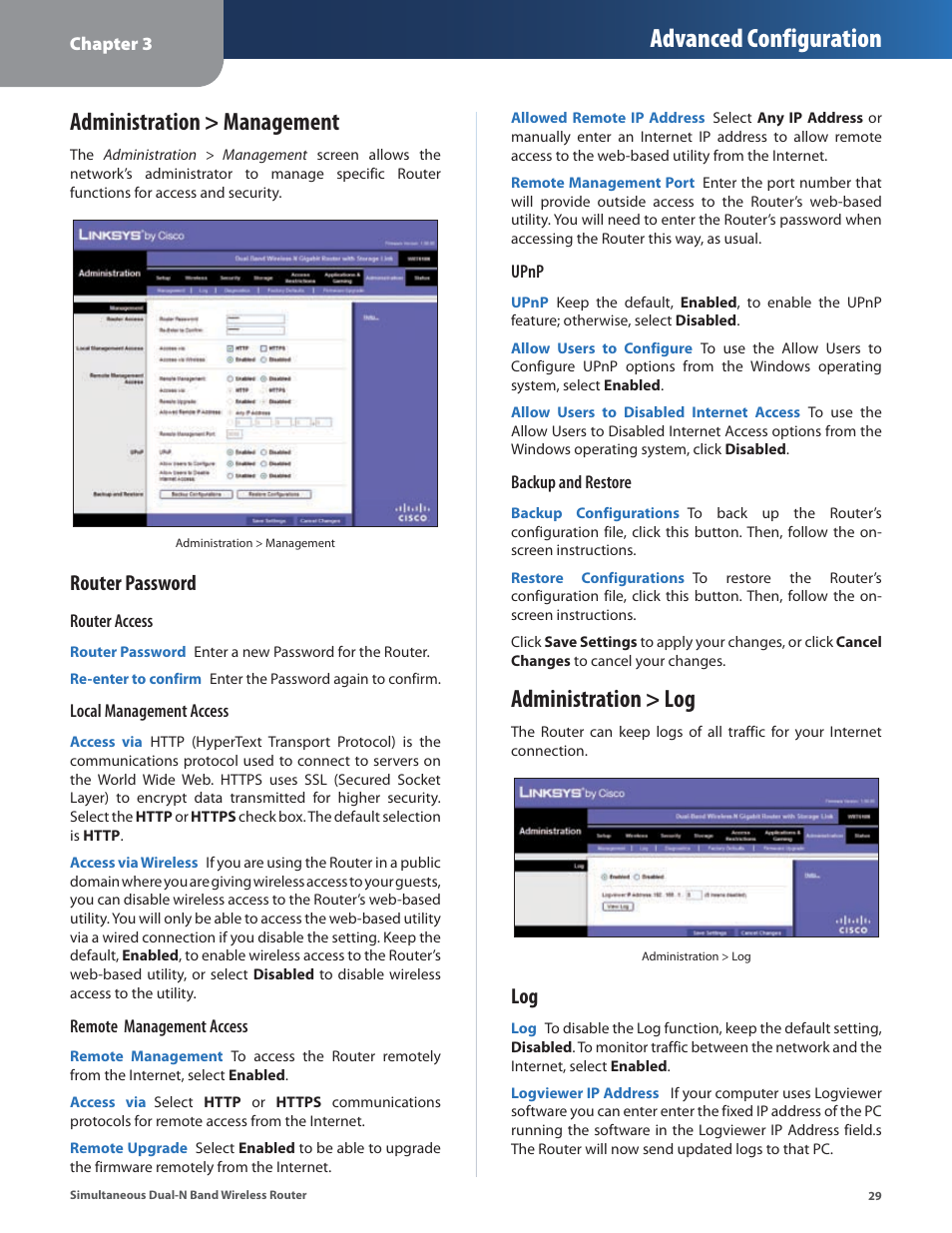 Administration > management, Administration > log, Administration > management administration > log | Advanced configuration, Router password | Linksys CISCO WRT610N User Manual | Page 31 / 58