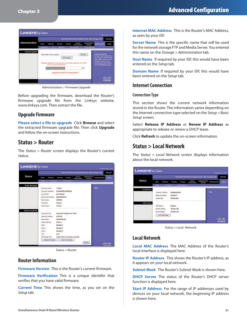 Status > router, Status > local network, Status > router status > local network | Advanced configuration, Upgrade firmware, Router information, Internet connection, Local network | Linksys CISCO WRT610N User Manual | Page 33 / 58