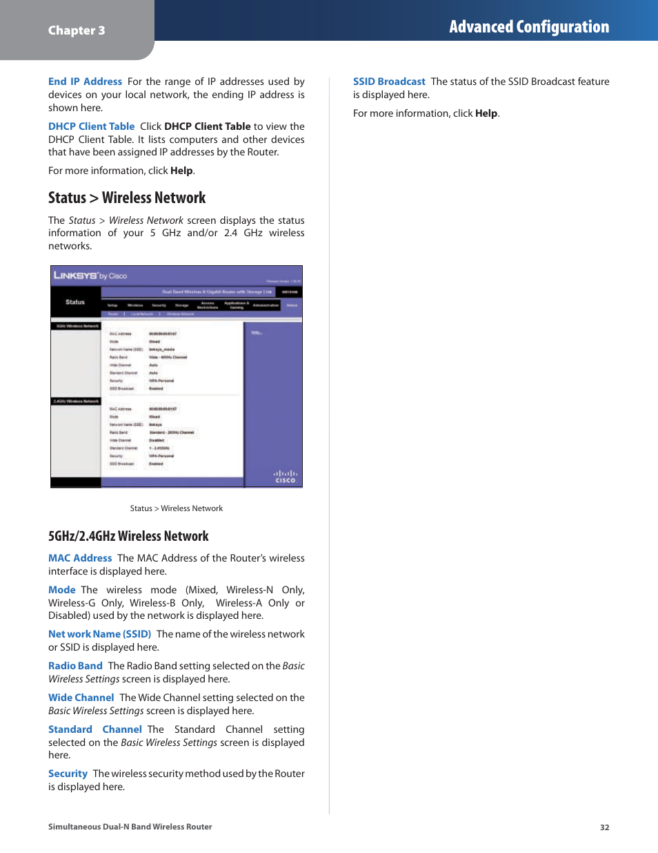 Status > wireless network, Advanced configuration, 5ghz/2.4ghz wireless network | Linksys CISCO WRT610N User Manual | Page 34 / 58