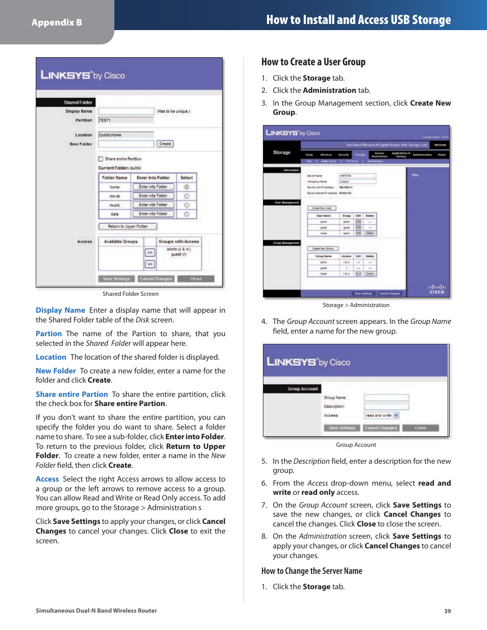 How to install and access usb storage, How to create a user group | Linksys CISCO WRT610N User Manual | Page 41 / 58