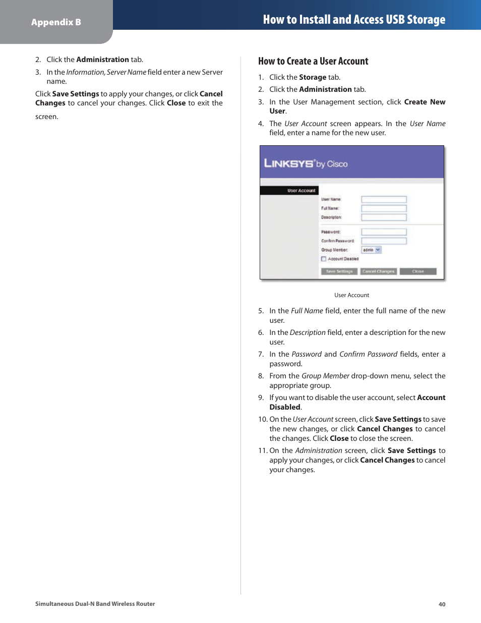 How to install and access usb storage, How to create a user account | Linksys CISCO WRT610N User Manual | Page 42 / 58