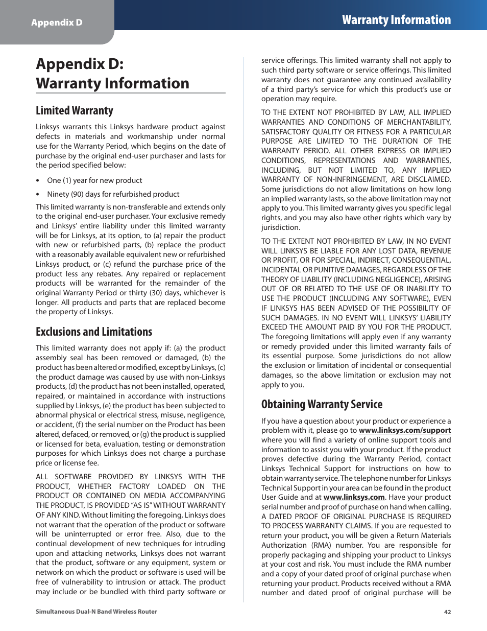 Appendix d: warranty information, Limited warranty, Exclusions and limitations | Obtaining warranty service, Warranty information | Linksys CISCO WRT610N User Manual | Page 44 / 58