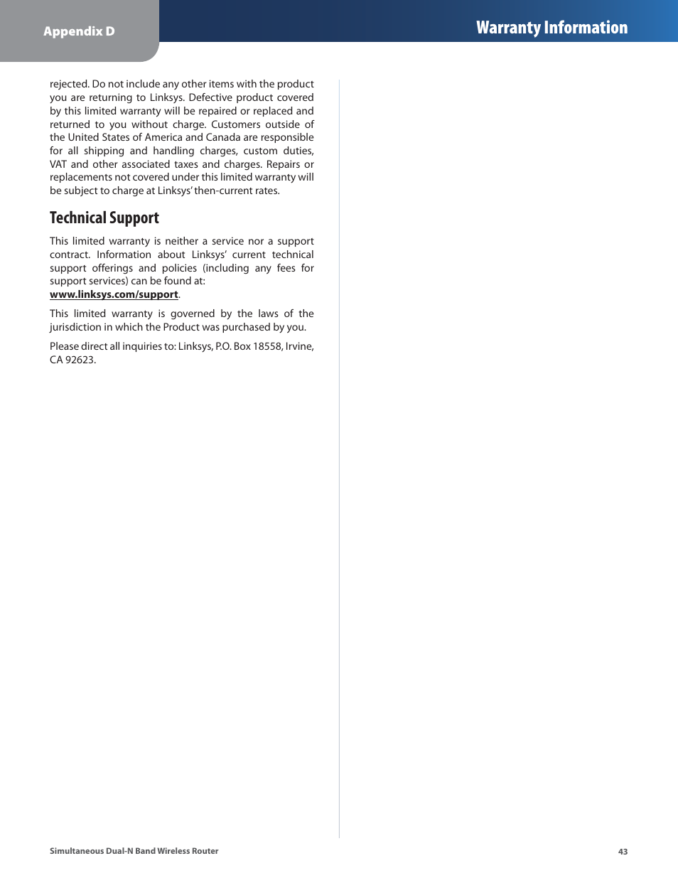 Technical support, Warranty information | Linksys CISCO WRT610N User Manual | Page 45 / 58