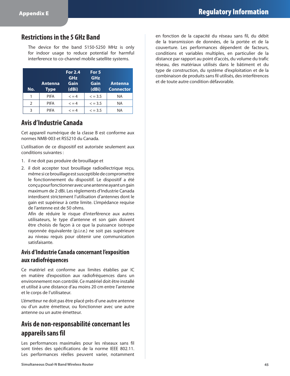 Restrictions in the 5 ghz band, Avis d’industrie canada, Regulatory information | Linksys CISCO WRT610N User Manual | Page 47 / 58