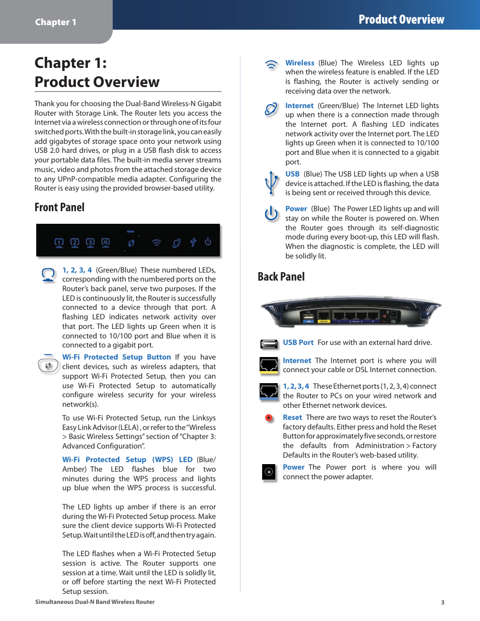 Chapter 1: product overview, Front panel, Back panel | Front panel back panel, Product overview | Linksys CISCO WRT610N User Manual | Page 5 / 58