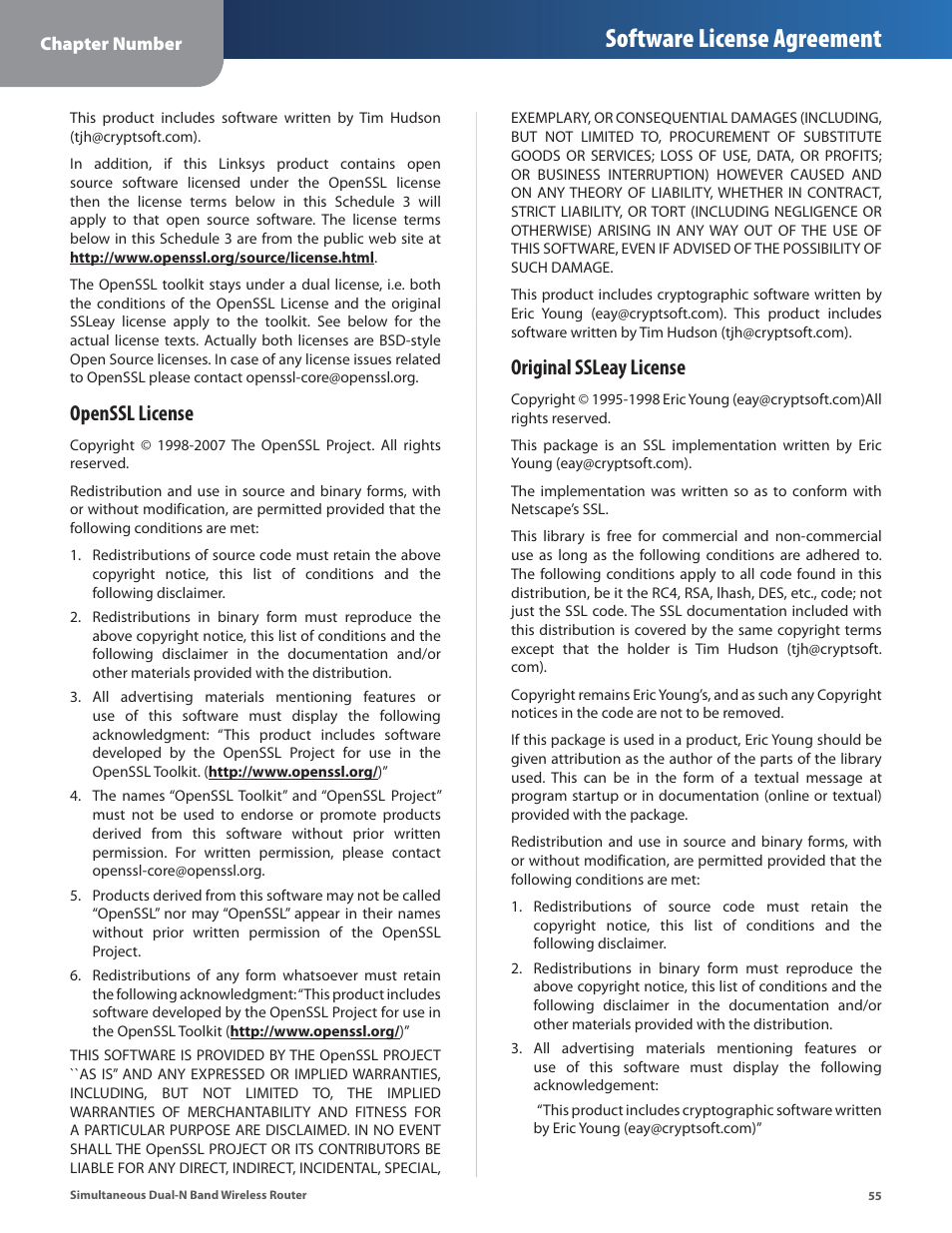 Software license agreement, Openssl license, Original ssleay license | Linksys CISCO WRT610N User Manual | Page 57 / 58