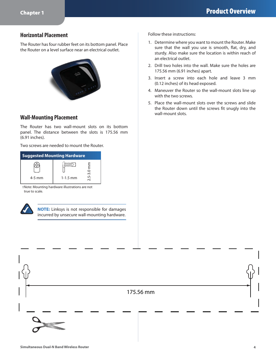 Product overview, Horizontal placement, Wall-mounting placement | 56 mm | Linksys CISCO WRT610N User Manual | Page 6 / 58