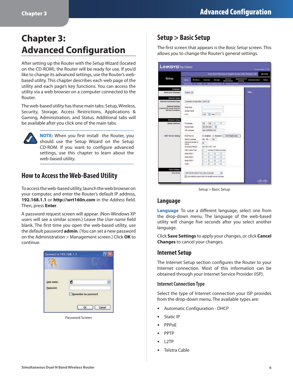 Chapter 3: advanced configuration, Setup > basic setup, Advanced configuration | How to access the web-based utility, Language, Internet setup | Linksys CISCO WRT610N User Manual | Page 8 / 58