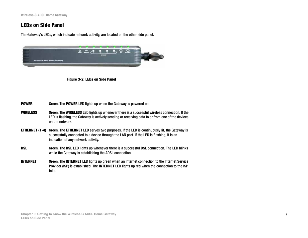 Leds on side panel | Linksys UWAG200G User Manual | Page 13 / 867