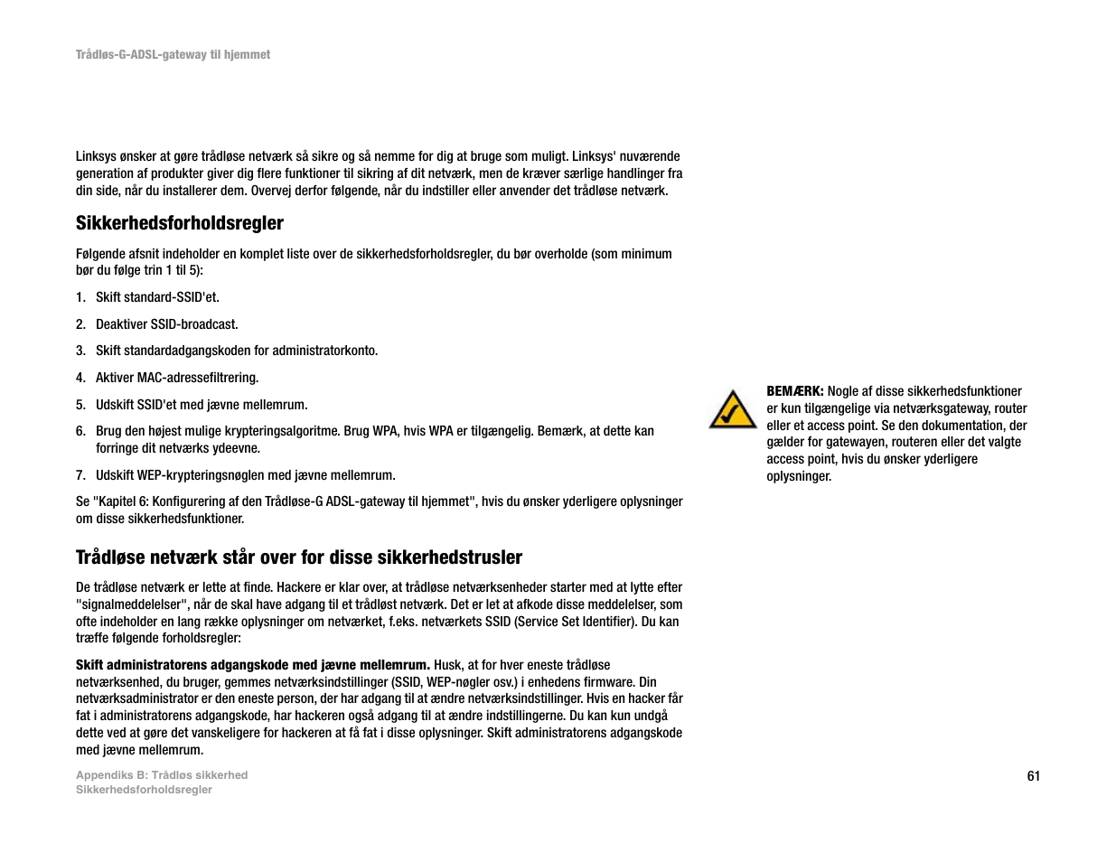 Appendiks b: trådløs sikkerhed, Appendiks b : trådløs sikkerhed | Linksys UWAG200G User Manual | Page 161 / 867