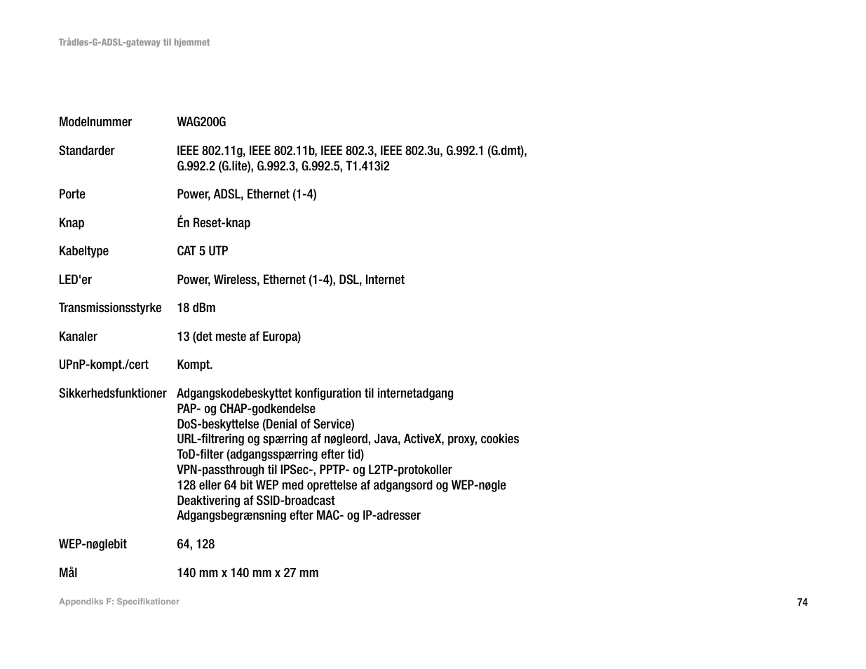 Appendiks f: specifikationer | Linksys UWAG200G User Manual | Page 174 / 867