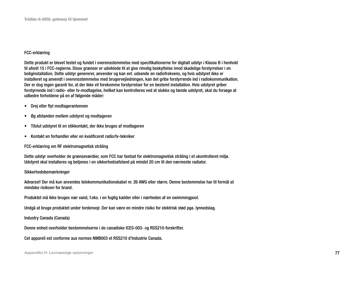 Appendiks h: lovmæssige oplysninger, Appendiks h: lovm æ ssige oplysninger | Linksys UWAG200G User Manual | Page 177 / 867