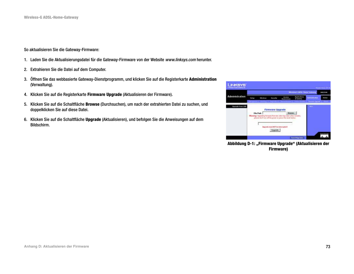 Anhang d: aktualisieren der firmware, Anhang d: aktualisieren der firm ware | Linksys UWAG200G User Manual | Page 268 / 867
