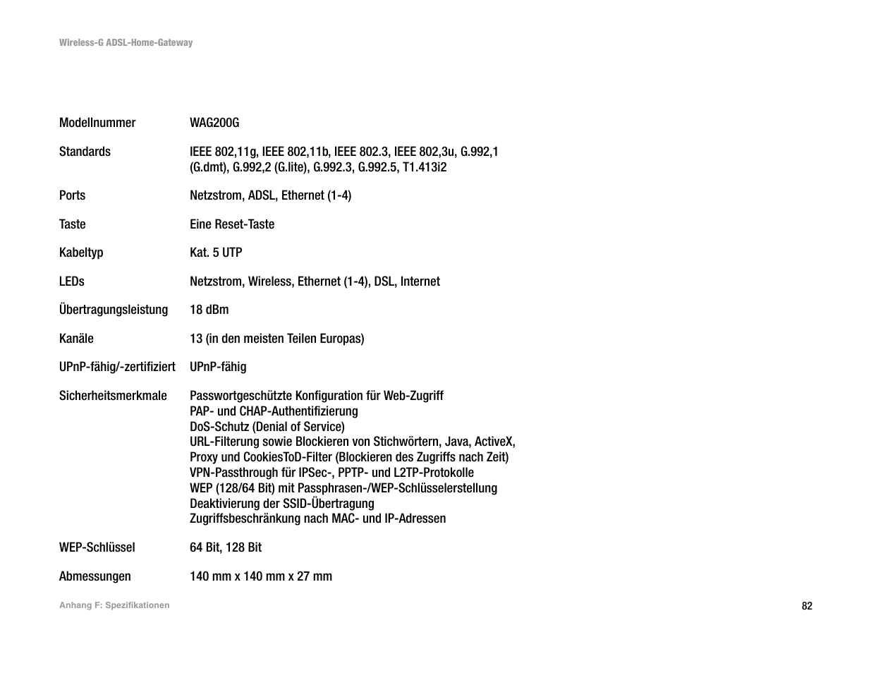 Anhang f: spezifikationen | Linksys UWAG200G User Manual | Page 277 / 867