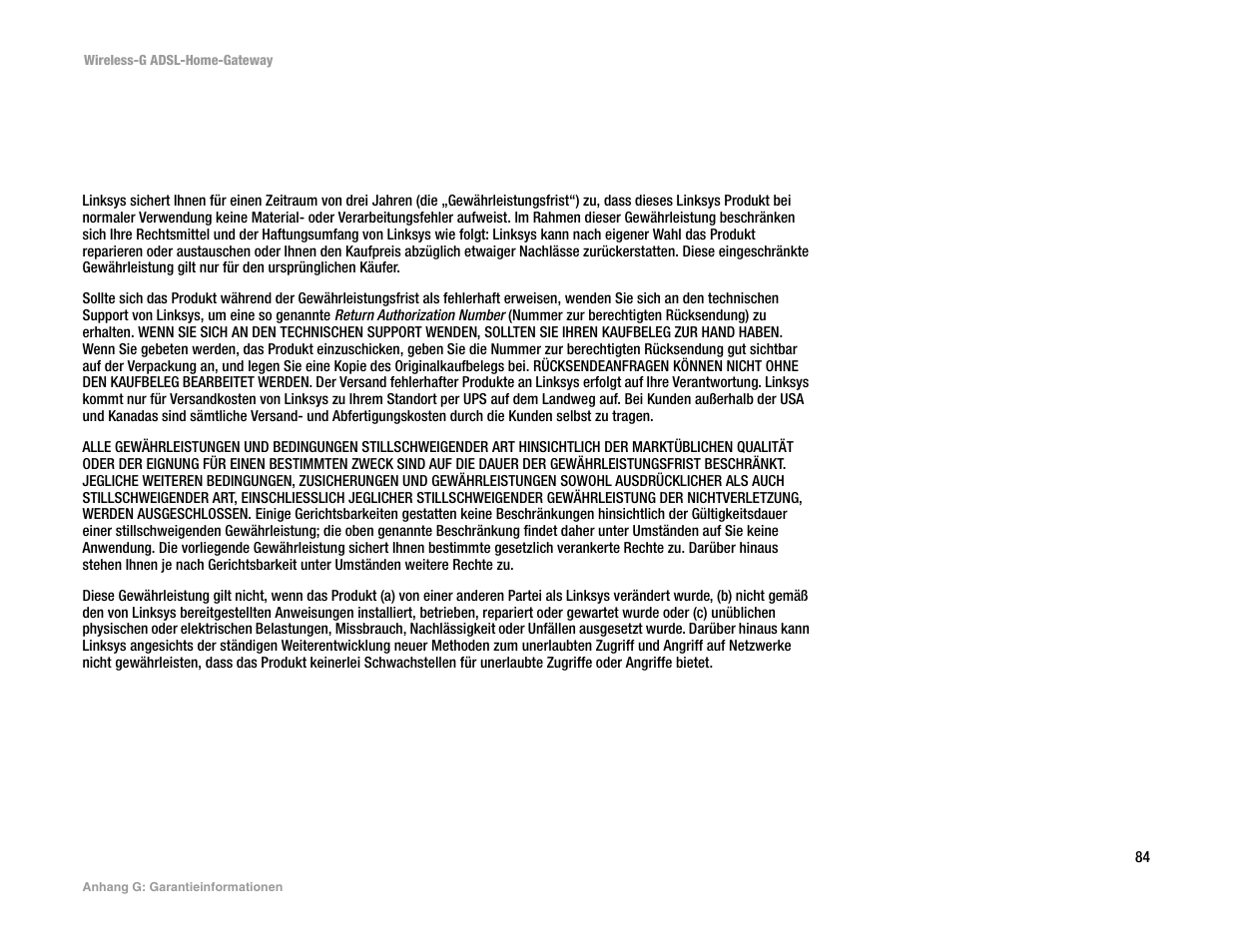 Anhang g: garantieinformationen, Anhang g: garantieinform ationen | Linksys UWAG200G User Manual | Page 279 / 867