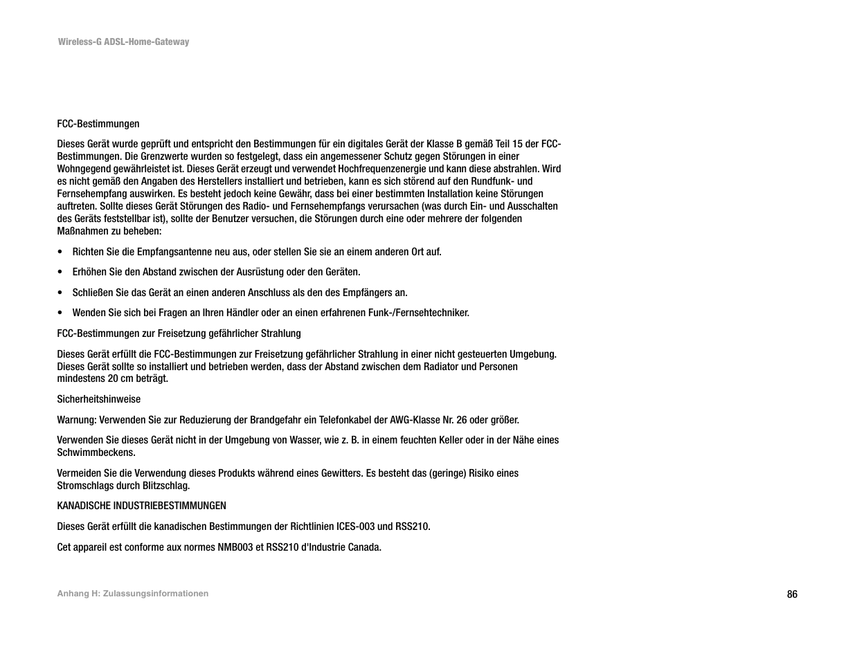 Anhang h: zulassungsinformationen, Anhang h: zulassungsinform ationen | Linksys UWAG200G User Manual | Page 281 / 867