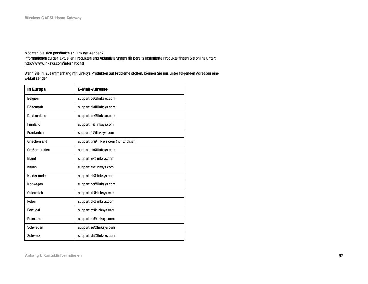 Anhang i: kontaktinformationen, Anhang i: kontaktinform ationen | Linksys UWAG200G User Manual | Page 292 / 867
