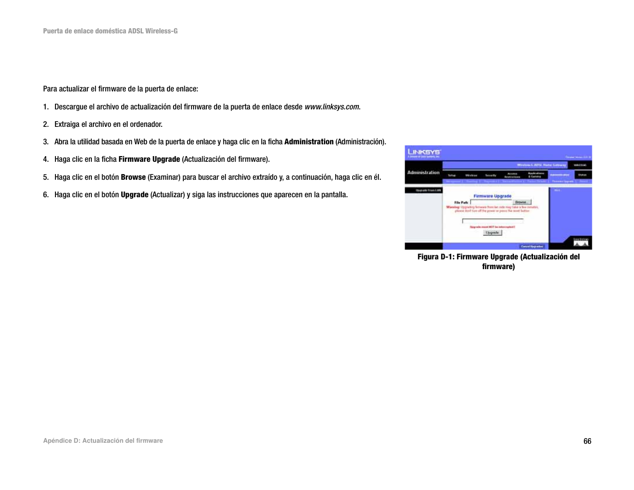 Apéndice d: actualización del firmware, Apéndice d: actualización del firm ware | Linksys UWAG200G User Manual | Page 365 / 867