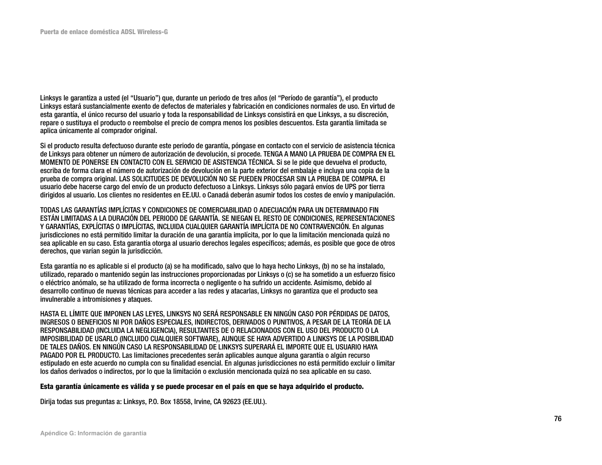 Apéndice g: información de garantía, Apéndice g: inform ación de garantía | Linksys UWAG200G User Manual | Page 375 / 867
