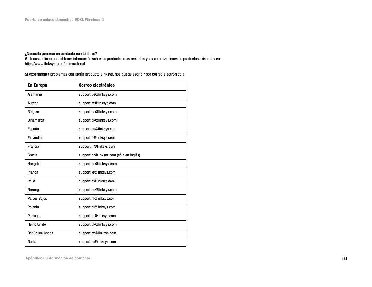 Apéndice i: información de contacto, Apéndice i: inform ación de contacto | Linksys UWAG200G User Manual | Page 387 / 867