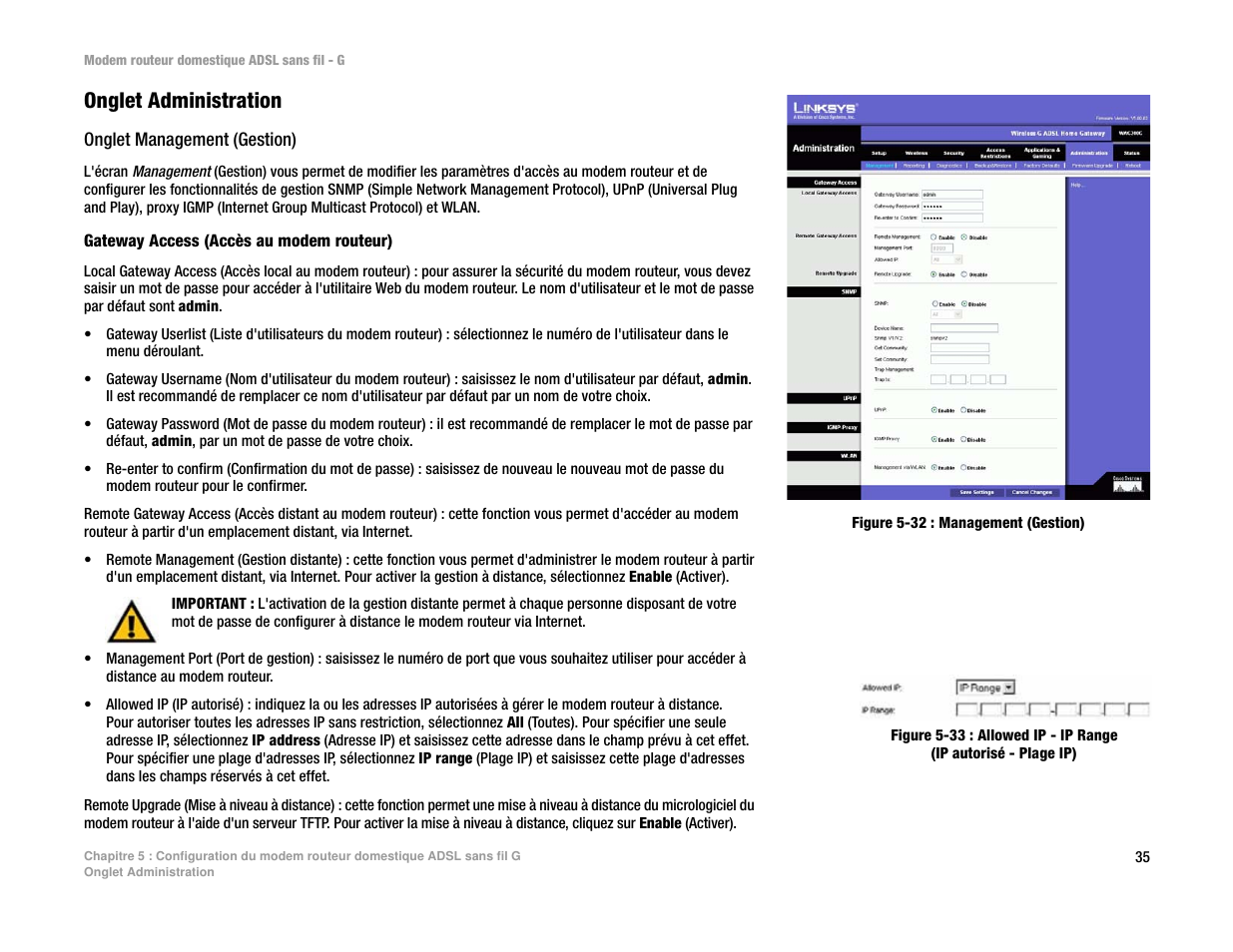 Onglet administration | Linksys UWAG200G User Manual | Page 429 / 867