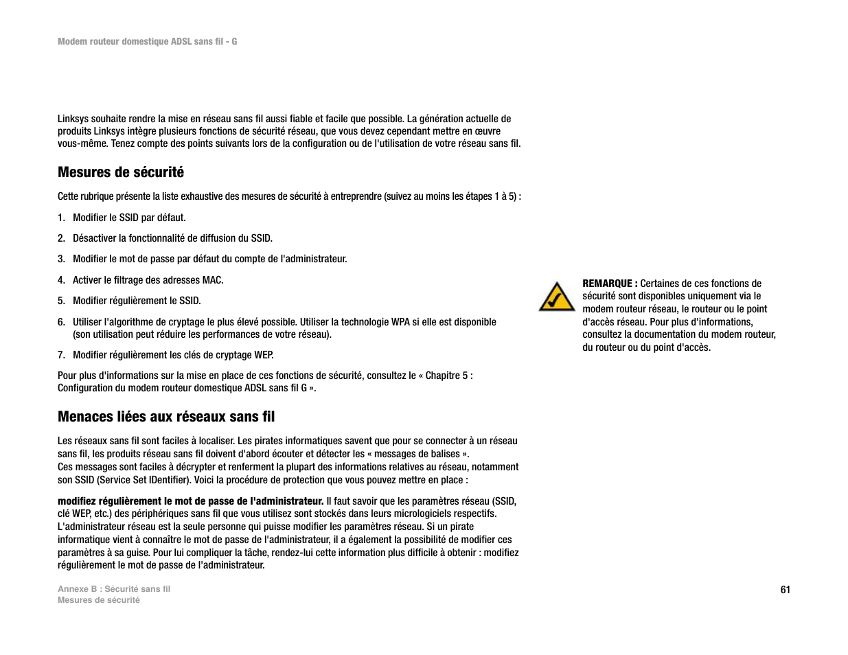 Annexe b : sécurité sans fil | Linksys UWAG200G User Manual | Page 455 / 867