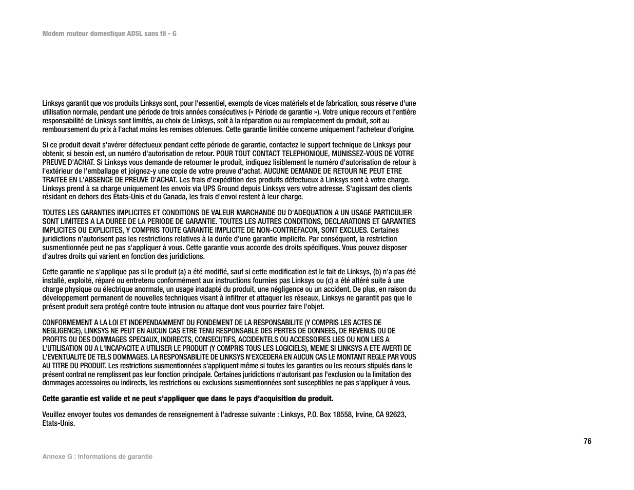 Annexe g : informations de garantie, Annexe g : inform ations de garantie | Linksys UWAG200G User Manual | Page 470 / 867