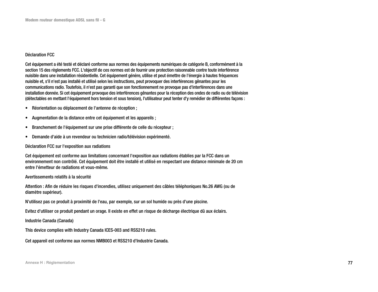 Annexe h : réglementation, Annexe h : réglem entation | Linksys UWAG200G User Manual | Page 471 / 867
