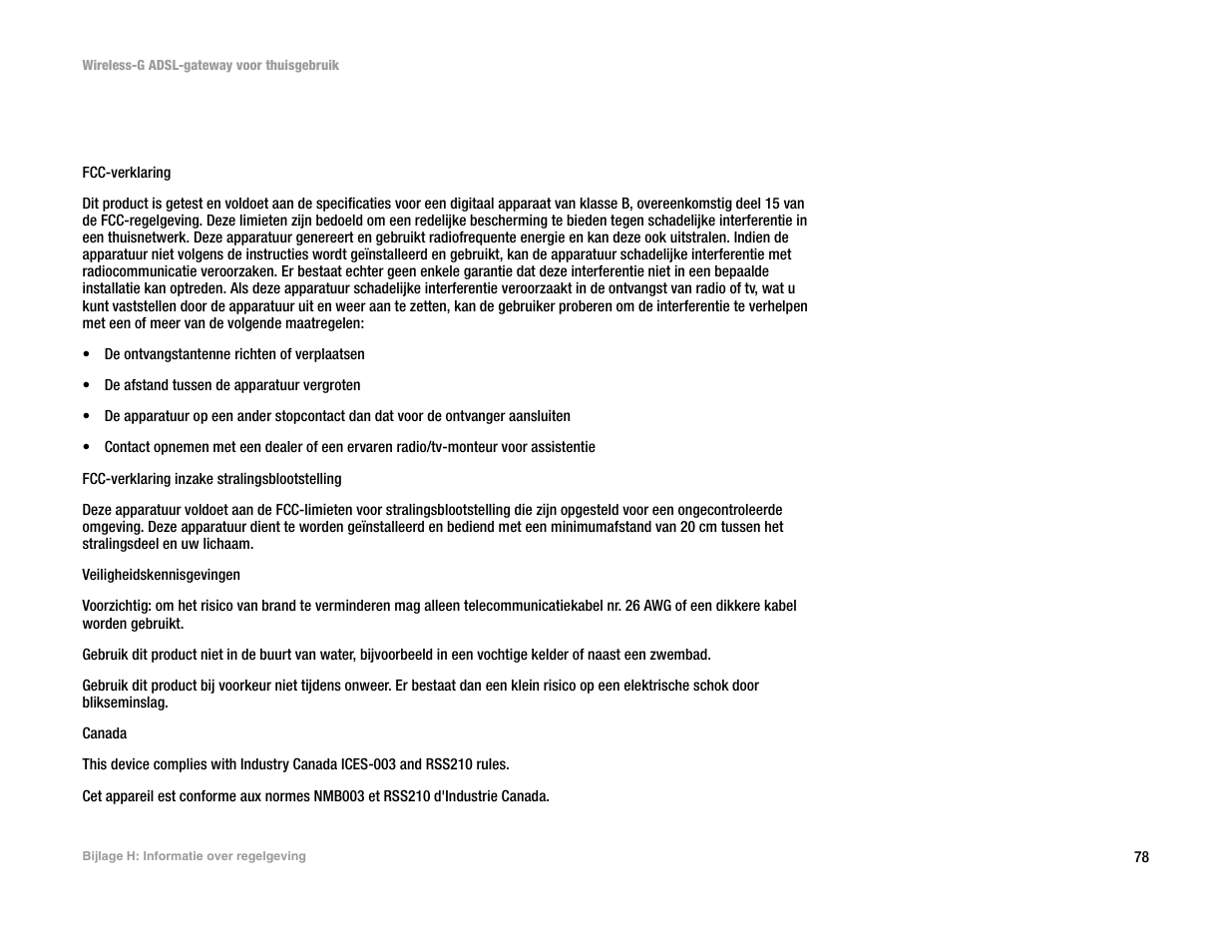 Bijlage h: informatie over regelgeving, B ijlage h: inform atie over regelgeving | Linksys UWAG200G User Manual | Page 665 / 867