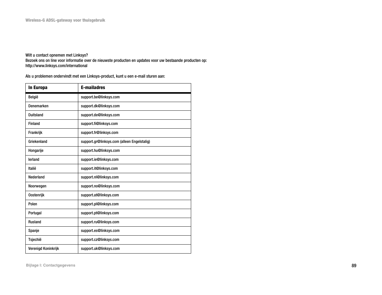 Bijlage i: contactgegevens, B ijlage i: c ontactgegevens | Linksys UWAG200G User Manual | Page 676 / 867