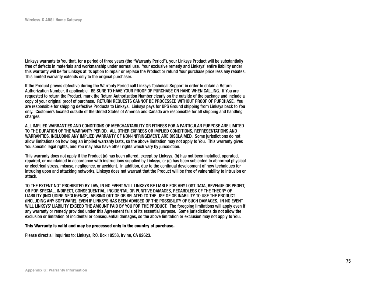 Appendix g: warranty information, Appendix g: warranty inform ation | Linksys UWAG200G User Manual | Page 81 / 867