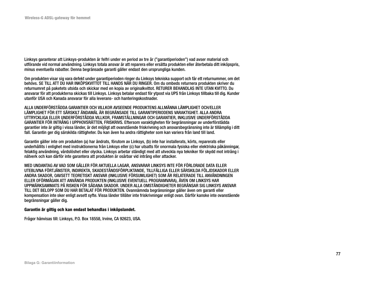 Bilaga g: garantiinformation, B ilaga g: garantiinform ation | Linksys UWAG200G User Manual | Page 854 / 867