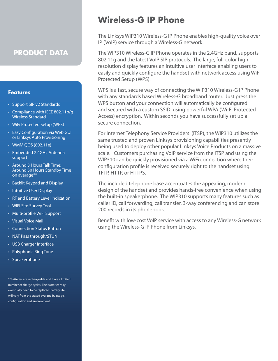 Wireless-g ip phone, Product data | Linksys iPhone WIP310 User Manual | Page 2 / 4