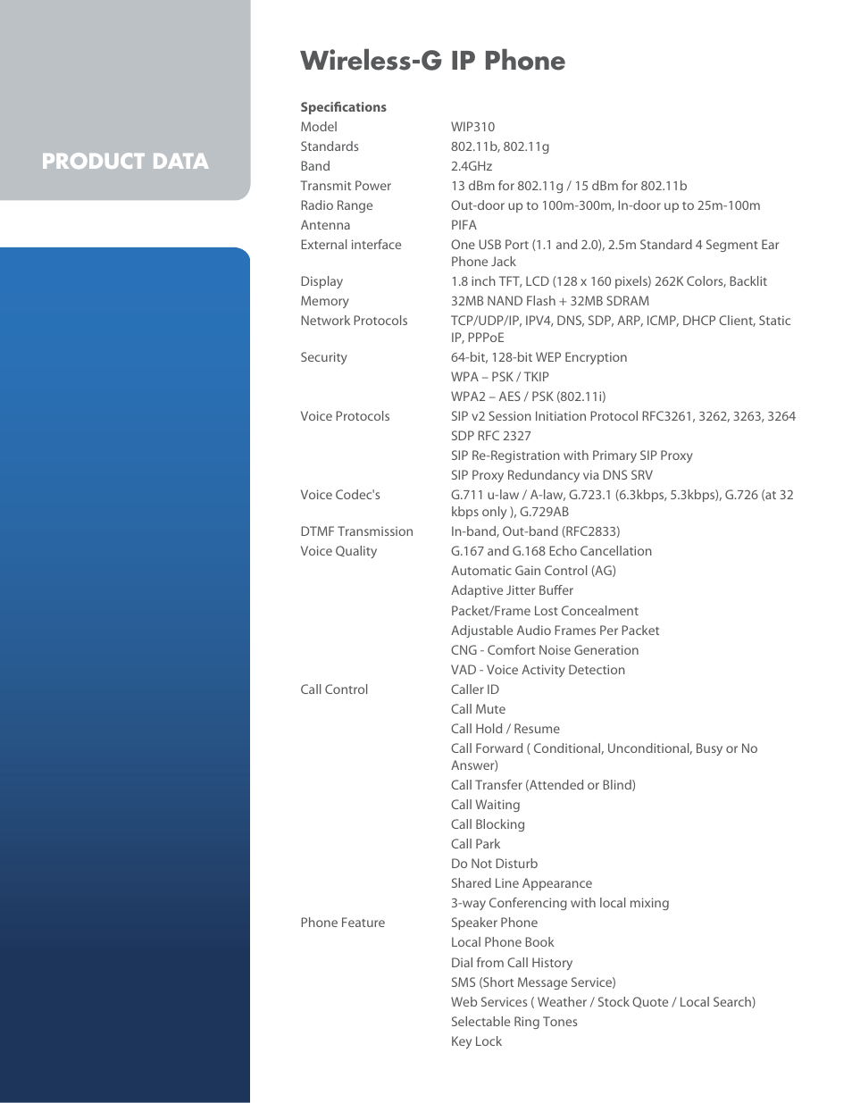 Wireless-g ip phone, Product data | Linksys iPhone WIP310 User Manual | Page 3 / 4