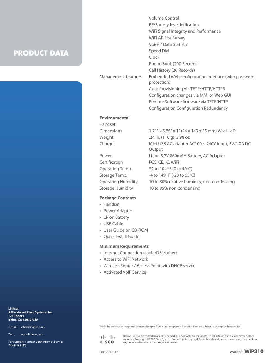 Product data | Linksys iPhone WIP310 User Manual | Page 4 / 4