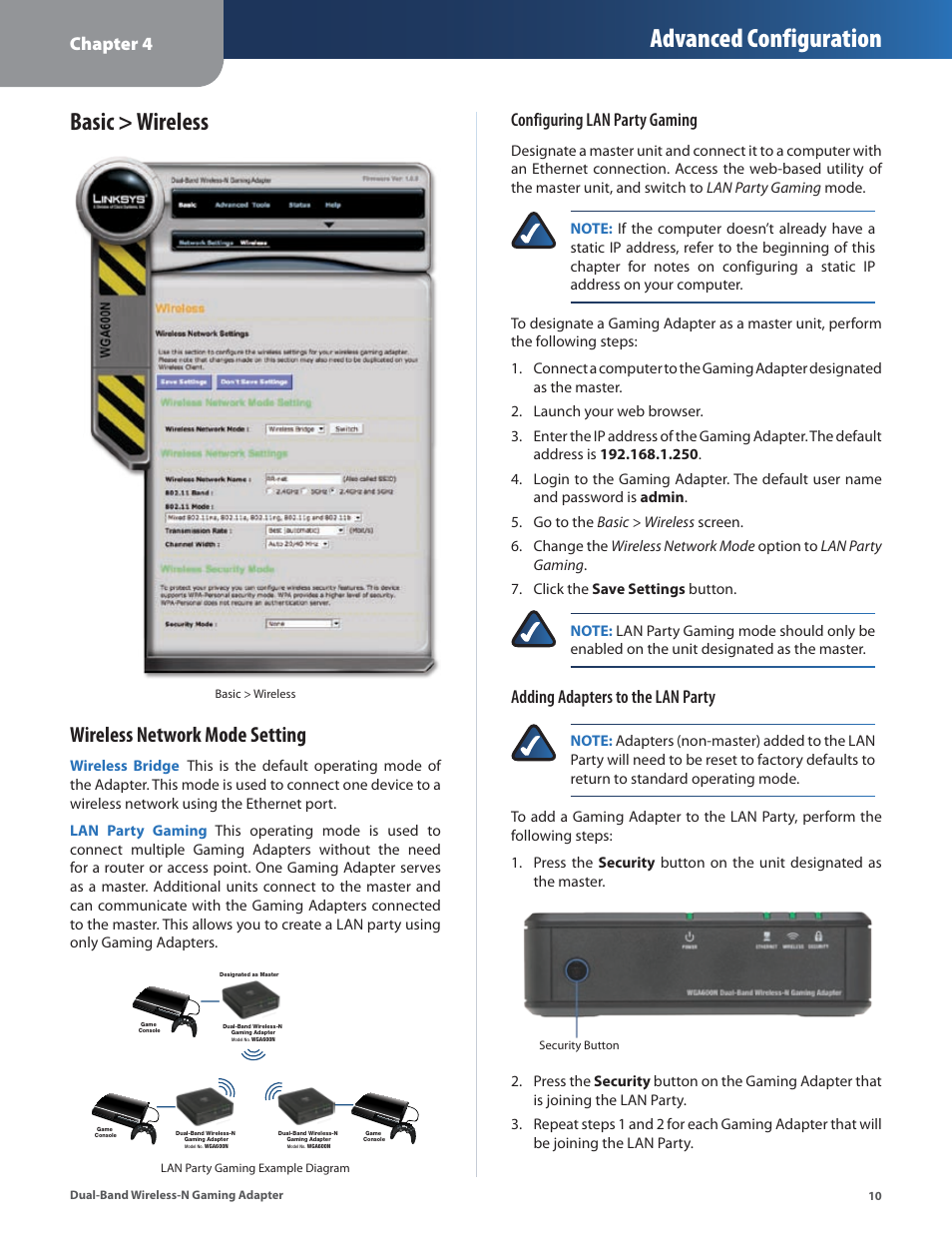 Basic > wireless, Advanced configuration, Wireless network mode setting | Chapter4, Configuring lan party gaming, Adding adapters to the lan party | Linksys ULTRA RANGE PLUS WGA600N User Manual | Page 13 / 30