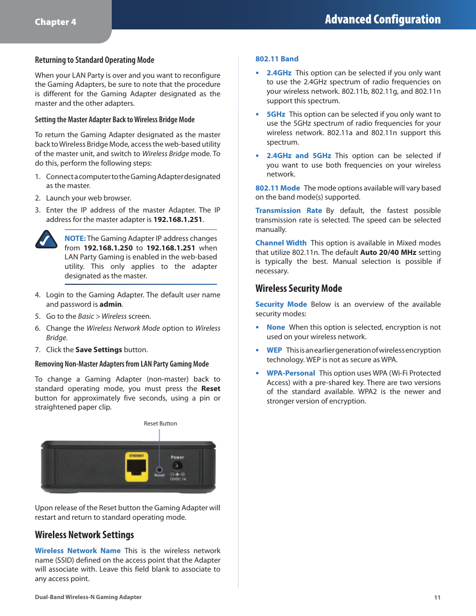 Advanced configuration, Wireless network settings, Wireless security mode | Linksys ULTRA RANGE PLUS WGA600N User Manual | Page 14 / 30