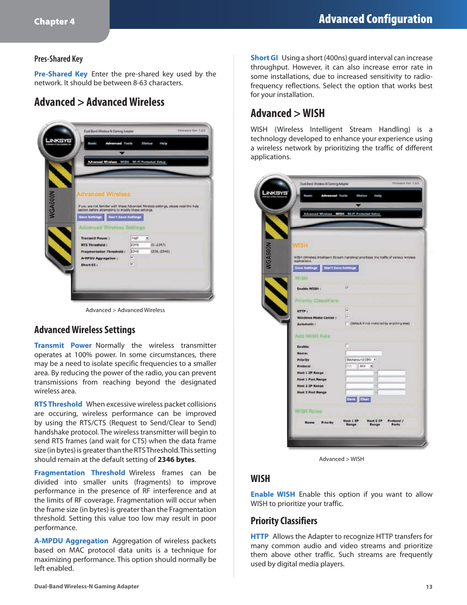 Advanced > advanced wireless, Advanced > wish, Advanced > advanced wireless advanced > wish | Advanced configuration, Advanced wireless settings, Wish, Priority classifiers | Linksys ULTRA RANGE PLUS WGA600N User Manual | Page 16 / 30
