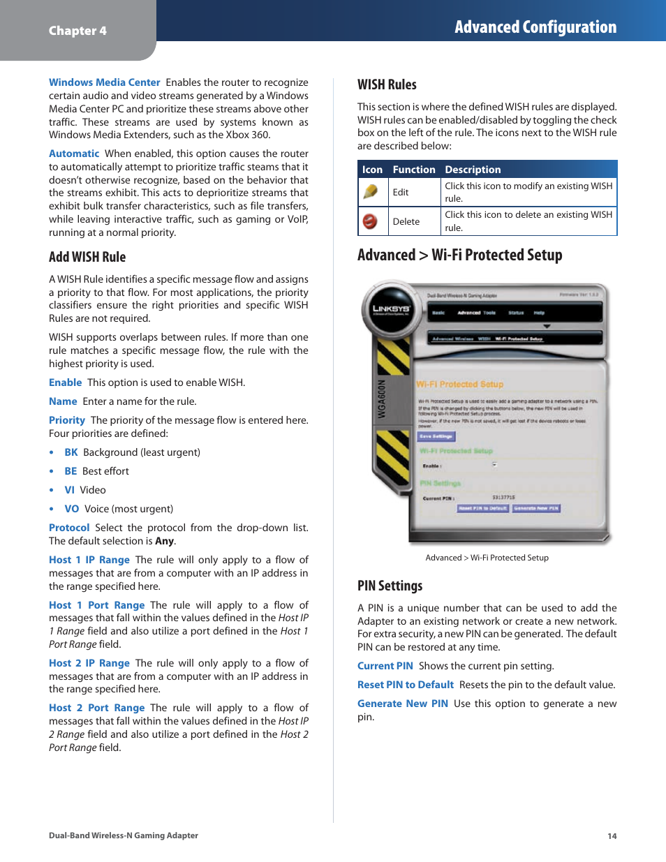 Advanced > wi-fi protected setup, Advanced configuration, Add wish rule | Wish rules, Pin settings | Linksys ULTRA RANGE PLUS WGA600N User Manual | Page 17 / 30