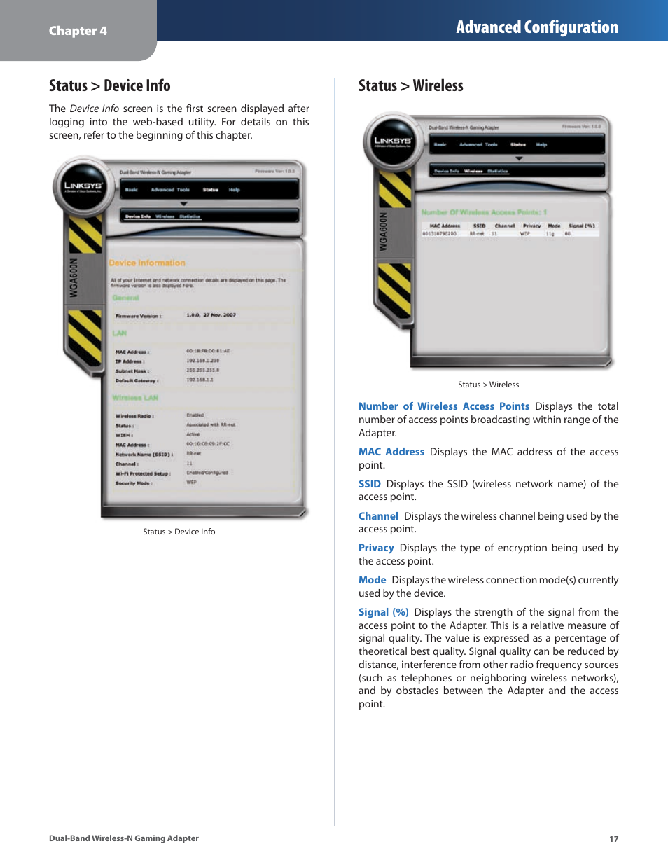 Status > device info, Status > wireless, Status > device info status > wireless | Advanced configuration | Linksys ULTRA RANGE PLUS WGA600N User Manual | Page 20 / 30