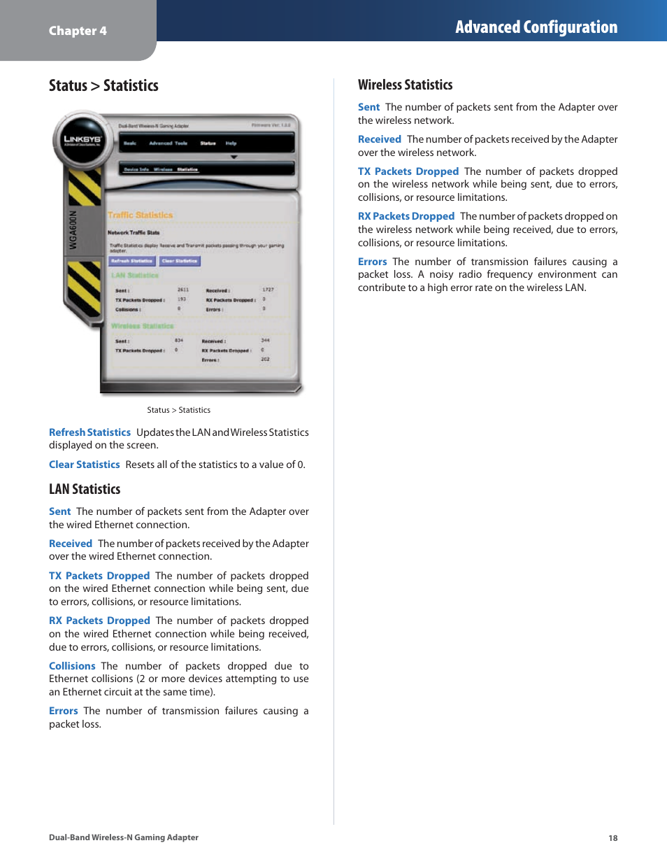 Status > statistics, Advanced configuration, Lan statistics | Wireless statistics | Linksys ULTRA RANGE PLUS WGA600N User Manual | Page 21 / 30