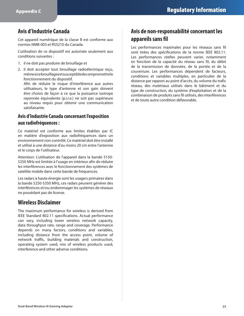 Avis d’industrie canada, Wireless disclaimer, Regulatory information | Linksys ULTRA RANGE PLUS WGA600N User Manual | Page 26 / 30