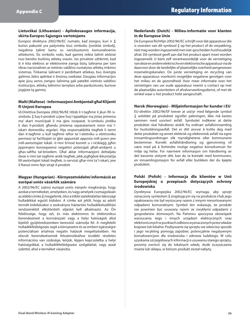 Regulatory information | Linksys ULTRA RANGE PLUS WGA600N User Manual | Page 29 / 30