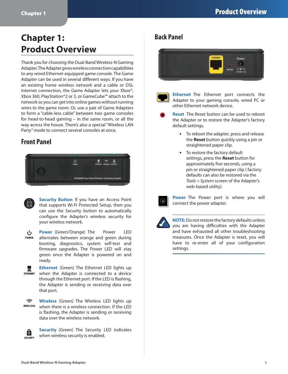 Chapter 1: product overview, Front panel, Back panel | Front panel back panel, Chapter : product overvew, Product overview | Linksys ULTRA RANGE PLUS WGA600N User Manual | Page 4 / 30