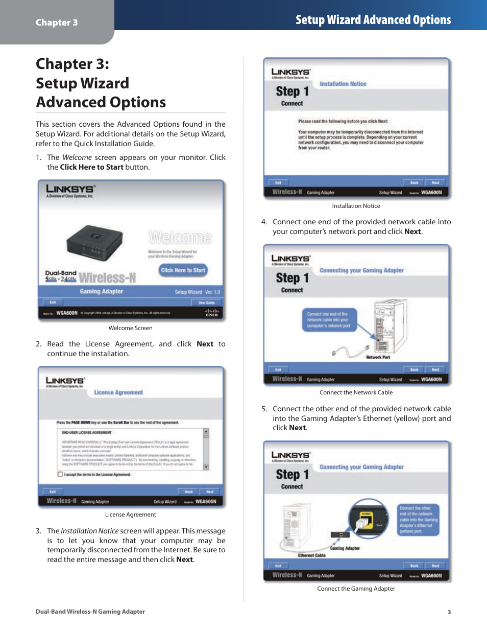 Chapter 3: setup wizard advanced options, Chapter 3: setup wzard advanced optons, Setup wizard advanced options | Linksys ULTRA RANGE PLUS WGA600N User Manual | Page 6 / 30