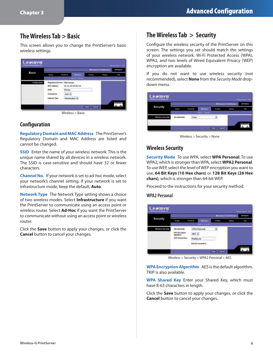 The wireless tab > basic, The wireless tab > security, Advanced configuration | Configuration, Wireless security | Linksys Wireless-G Print Server WPSM54G User Manual | Page 10 / 37