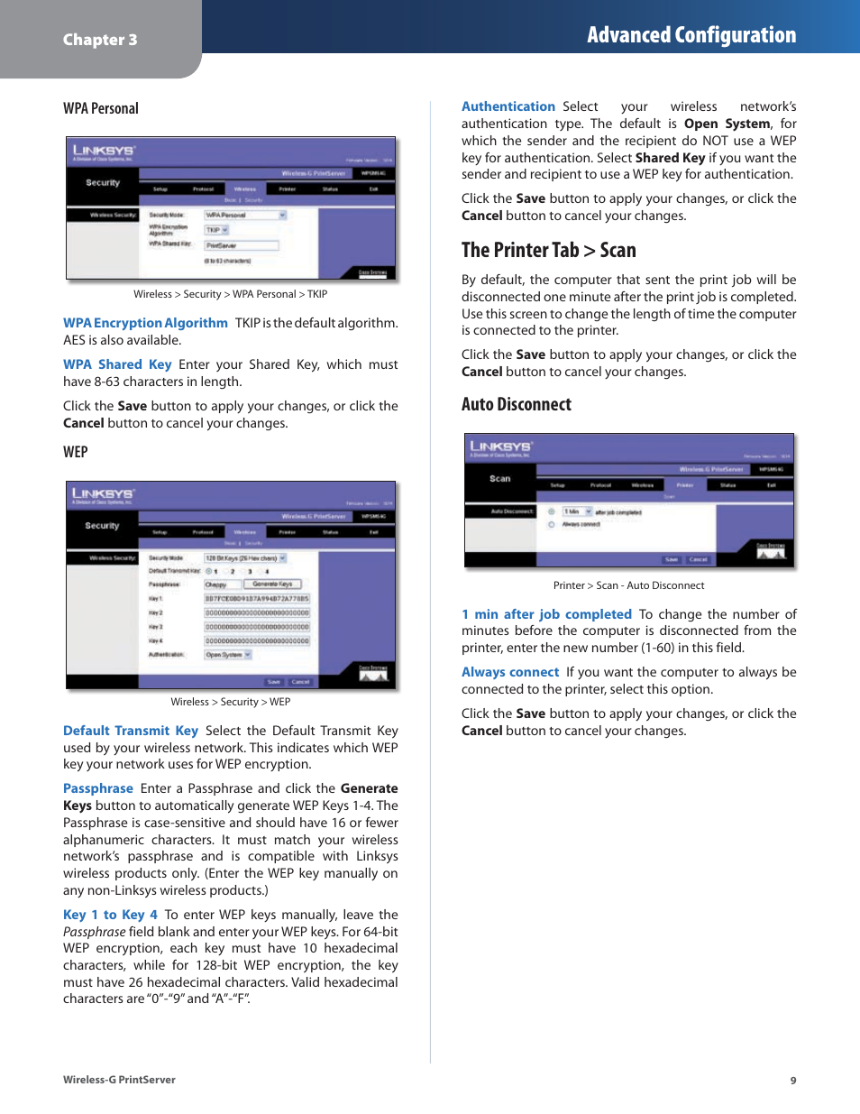 The printer tab > scan, Advanced configuration, Auto disconnect | Linksys Wireless-G Print Server WPSM54G User Manual | Page 11 / 37